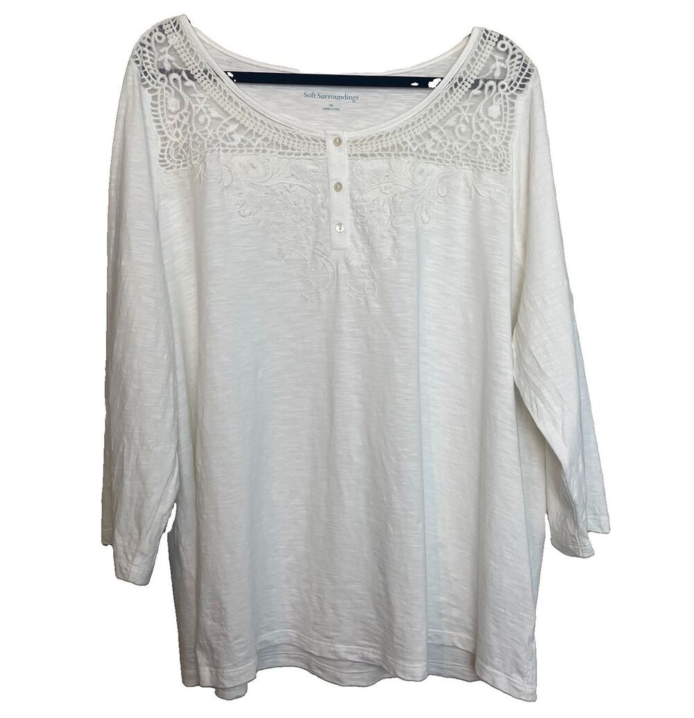 Soft Surroundings 3X White Embellished Cotton Top Lace Trim Beads 3/4 Sleeves